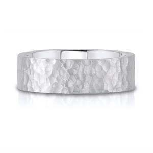 14k White Gold Band (7mm) | FLAT HAMMERED | Matte Satin + Comfort Fit | Men&#39;s Women&#39;s Wedding Ring Cigar Band