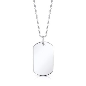 May include: A silver chain necklace with a blank silver dog tag pendant.