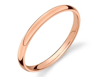 14k Rose Gold Band (2mm THIN) | CLASSIC DOME | Polished | Comfort Fit | Men's Women's Wedding Ring Pink Simple Thin