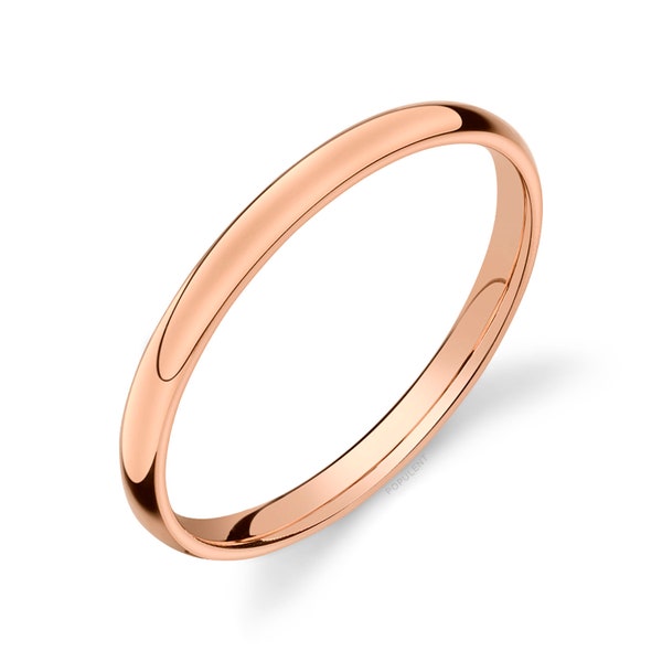 14k Rose Gold Band (2mm THIN) | CLASSIC DOME | Polished | Comfort Fit | Men's Women's Wedding Ring Pink Simple Thin