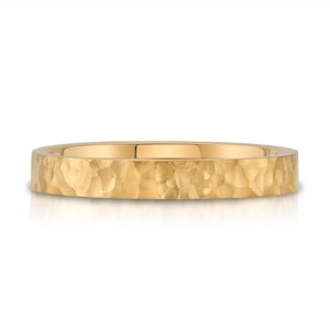 14k Yellow Gold Band (3mm) | FLAT HAMMERED | Matte Satin + Comfort Fit | Men&#39;s Women&#39;s Wedding Ring Cigar Band