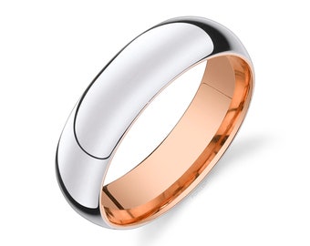 14k 2-Tone White & Rose Gold Band (6mm) | CLASSIC DOME | Polished | Comfort Fit | Men's Women's Wedding Ring Inside