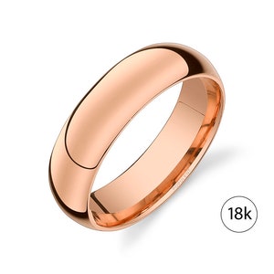 Anillo de bodas de oro rosa de 18 k (6 mm) / CÚPULA CLÁSICA / Pulido / Ajuste cómodo / Anillo de bodas simple rosa para hombre y mujer