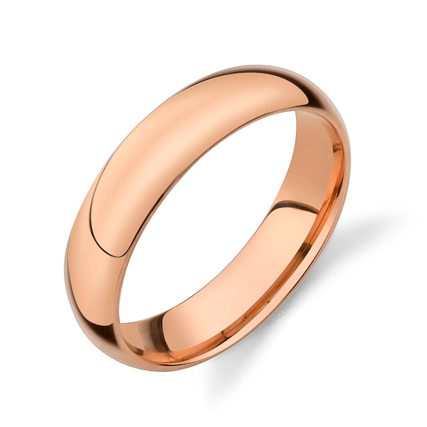 14k Rose Gold Band (5mm) | CLASSIC DOME | Polished | Comfort Fit | Men's Women's Wedding Ring Pink Simple