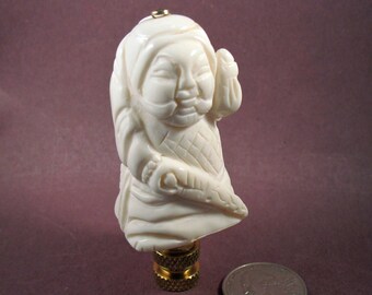 Lamp Finial:  Old Ox Bone Asian Lucky God Vintage Figure  New Brass Swivel Hardware 42Q