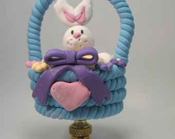 Lamp Finial Blue Easter Basket With White Bunny  and Eggs Brass Hardware 42JY