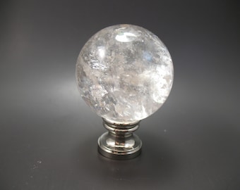 Lamp Finial Large Clear Crystal Quartz Sphere Ball Orb on Nickel Plated Brass Hardware #29N
