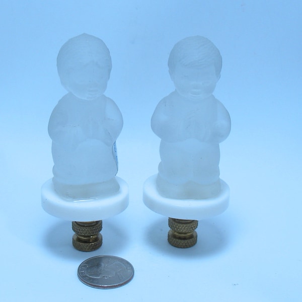 Lamp Finials Vintage Pair of Frosted Glass Figures of Boy and Girl Kneeling. Vintage  Lampshade Toppers. WD9