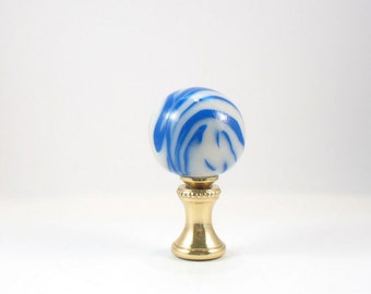 Lamp Finial Blue and White Faux Glass Marble Made of Polymer Clay and Glazed 14t