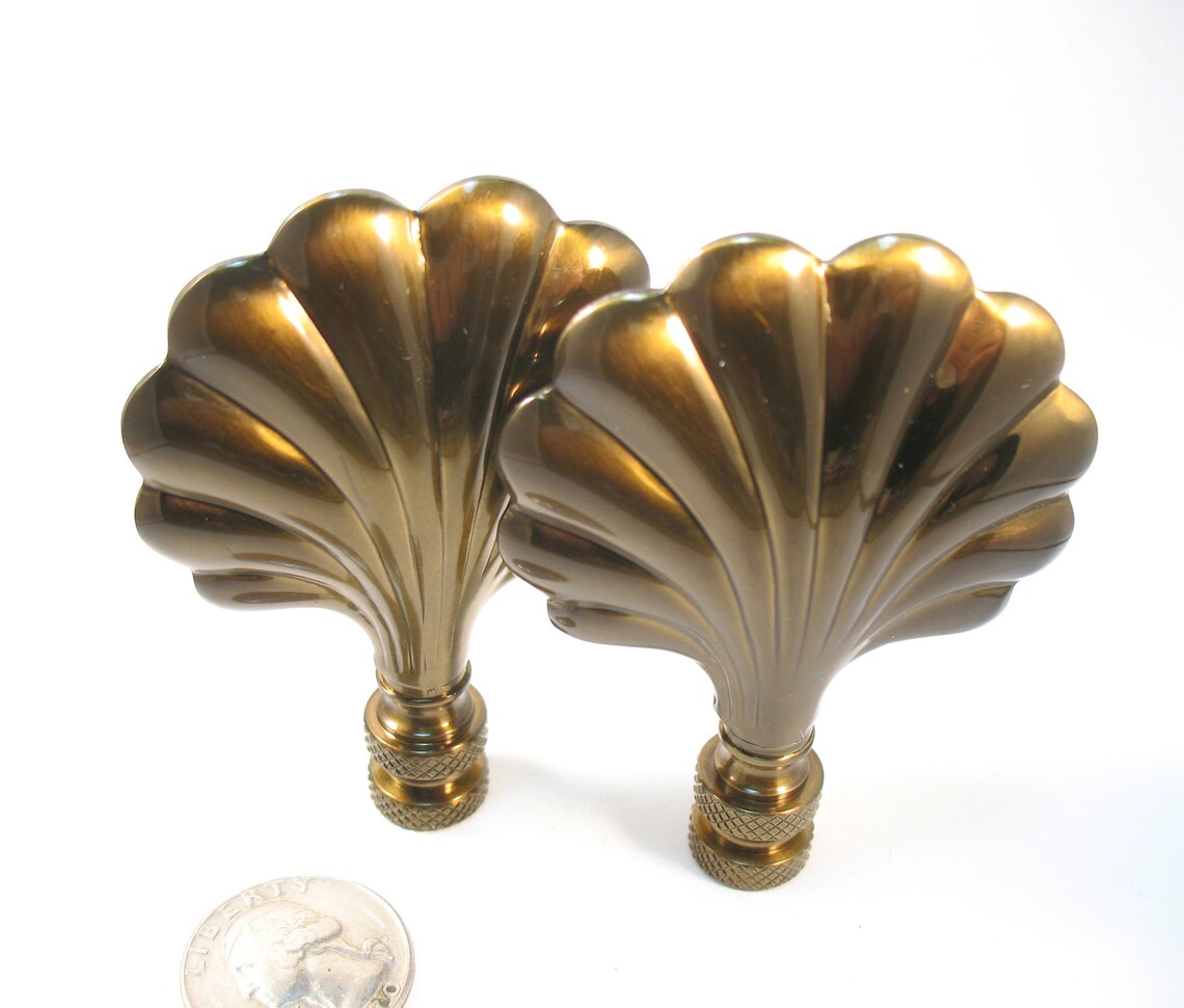 Shells Finials Lamp Finial: Pair of Solid Antiqued Brass Finish Shell Lampshade ...