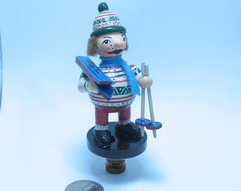 Lamp Finial: Vintage Wooden Figure Child Skier,Detail Hand Painted, Collectible Found Object WD8