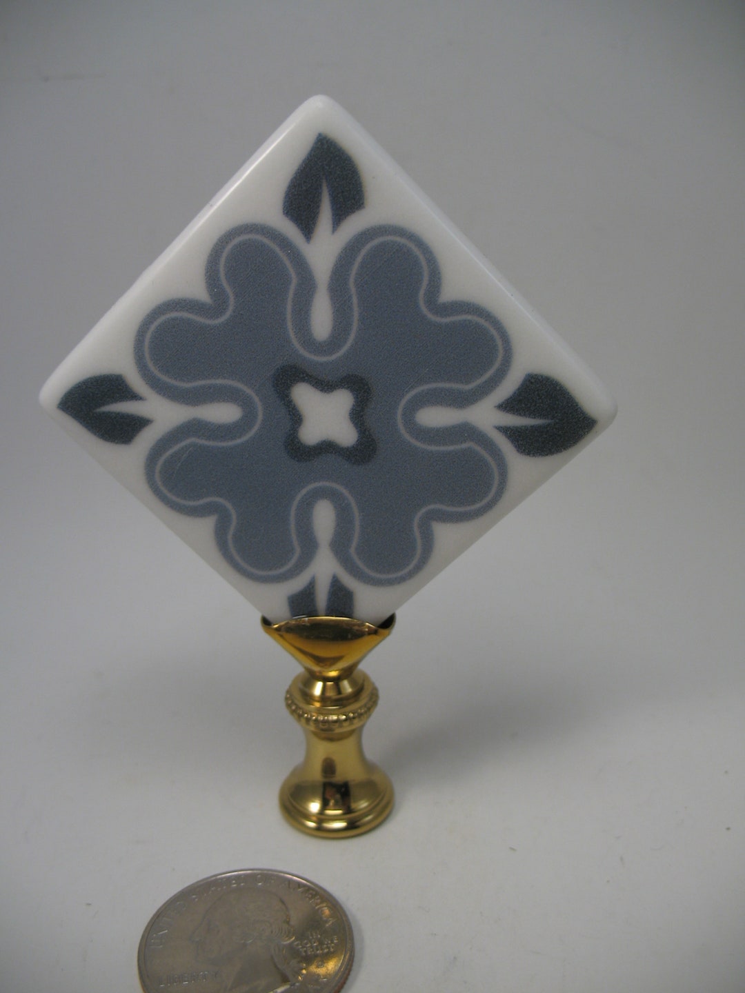 Lamp Finial, Blue and White Delft Type Ceramic Tile Set on Point