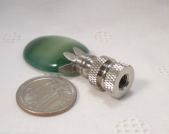 Lamp Finial Medium Green  Flat Oval Stone, Same Both Sides, Lampshade Finial Silver Tone Hardware Y31