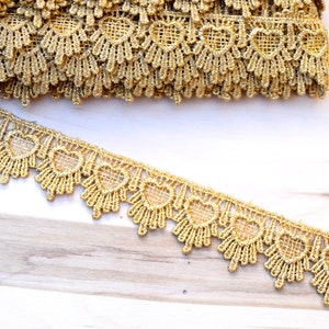 Gold Lace Trim Nynette Delightfully Narrow Metallic Gold Venice Lace in Repeated Heart Shape 1.5" Perfect for Gowns, Costumes  Home Decor
