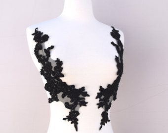 Black Beaded Applique Pair: Floral Netting Design