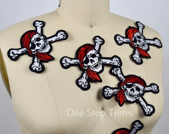 Pirate Skull & Crossbones Patch: Red Bandana, Iron-On Costume Applique