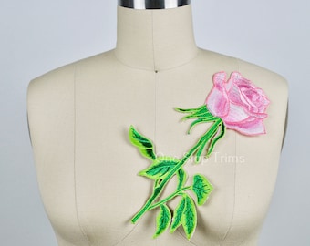 Pink Rose Patch/ Pink Flower Patch Large Pink Chablis Embroidery Flower Applique. Green Stem and Metallic Green Thread work Leafs. Iron on.