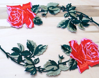 Red Rose Applique Embroidery Applique Patches: Iron On Red and pink Petals with Green Leafs (2 PIECES)