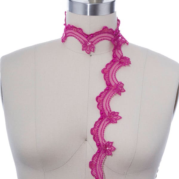 Hot Pink Lace Trim Hot Pink Beaded Lace Trim/ Sequined Magenta Lace Trim/ Lovely Chiffon and Sequined Floral Trim