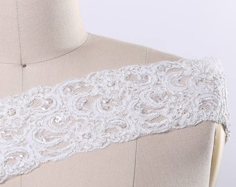 Alencon Bridal Lace Trim: Beaded Corded Flower Motifs, White or Ivory