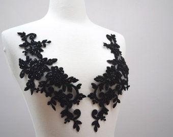 Black Beaded Applique 2 Piece Heavily Beaded Stunning Black Mirrored Applique Set on Black Mesh with Flower Motif- CALANTHA