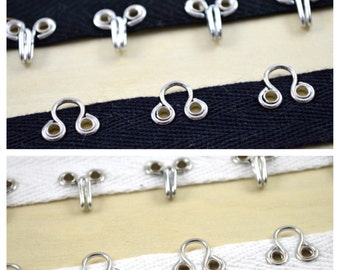 Heavy Duty Silver Hook and Eye Set: Black or White Cotton Twill Tape