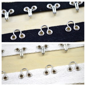 Heavy Duty Silver Metal Hook and Eye Set on Black or White 100% CottonTwill Tape 7/8&quot;. 1/4&quot; Eye Opening Twill Tape, 1&quot; Space Btwn hooks