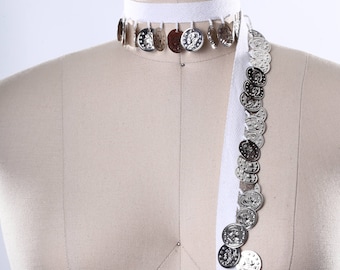 White with Silver Coin Trim/ Coin Fringe Trim/ Belly Dancer Trimming/ 100% Cotton Twill Tape with Dime Sized Coins/ Silver Coin Trim
