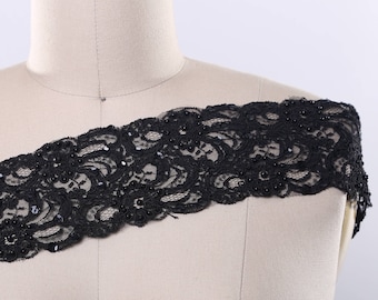Black Lace Trim/ Black Beaded Lace Trim Alencon Black Lace with Black Pearl and Beads 3.75" in Width  Flair Formal Janna