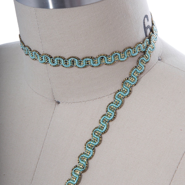 2 Yards Mint Green and Antique Gold Gimp Trim/ Scroll Gimp Trim/ Black Threading Adds Depth and an Interesting Look