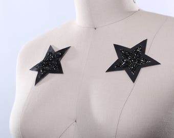 Grandes taches d’étoile noire avec contour en faux cuir et perles dispersées au centre Fer de 3,5 « sur patch Fer noir sur star Patch Star Applique