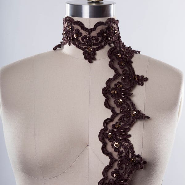 Chocolate Brown Lace Trim with Brown Beads and Copper Toned Sequins/ Brown Beaded Costume Lace Trim