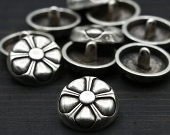 Silver Jacket Button 4 Pieces 1970's Inspired Hippie Flower Button Silver Metal Button Flower Wheels Turn Shank Button 36L 23mm 15/16" MS37