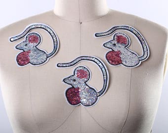Sequined Mouse Patch: Silver Iridescent Iron-On Applique