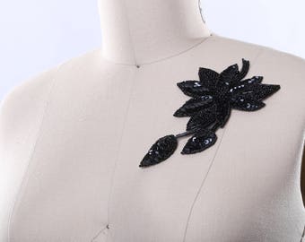 Black Flower Patches/ Black Sequin Flower Applique Elegant Updated Vintage Beads and Sequins Black Flower Applique Iron on Backing