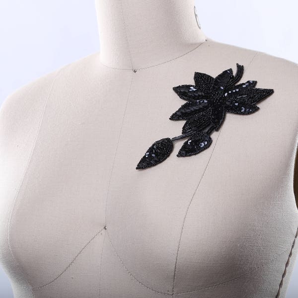 Black Flower Patches/ Black Sequin Flower Applique Elegant Updated Vintage Beads and Sequins Black Flower Applique Iron on Backing