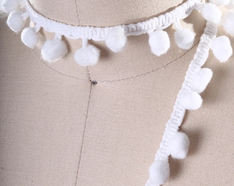 White Pom Pom Trim 2 Yards Snowball White Pom Pom Fringe Trimming/ White Soft Ball Trim/ Woven On Heavy Duty/