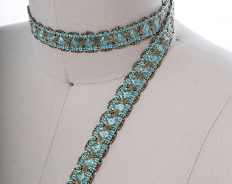 Crystal Blue Gimp Braid Trim: Antique Gold Accent, 2 Yards
