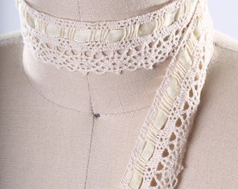 Ivory Cotton Cluny Lace with Eyelets with Removable Ribbon/ Beige Cotton Lace Trim/ Crotched Lace Trim/ Vintage Inspired.