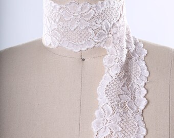 Ivory Floral Stretch Lace Trim: 2.5" Wide, 2 Yards