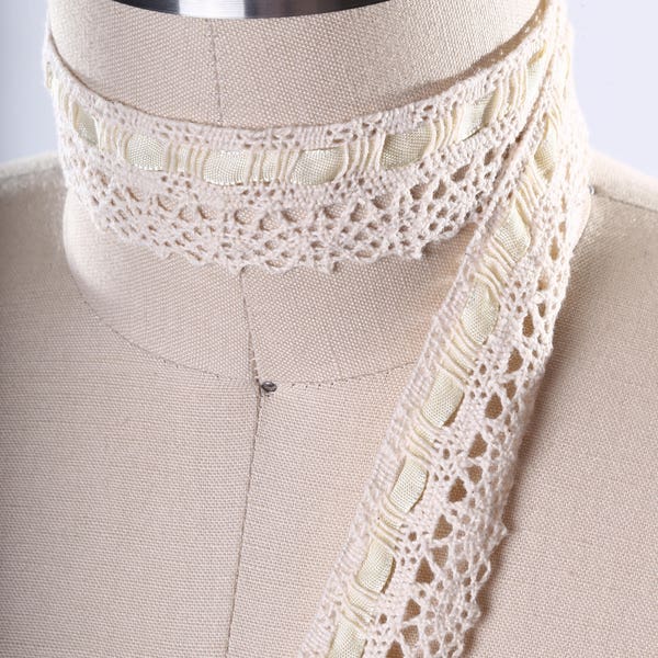 Ivory Cotton Cluny Lace with Eyelets with Removable Ribbon/ Beige Cotton Lace Trim/ Crotched Lace Trim/ Vintage Inspired.