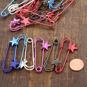 Decorative Star Safety Pins/ 2 pcs/ Available in Turquoise Blue, Royal Blue, Pink, Silver and Gray  2.25&quot; in Height HR016