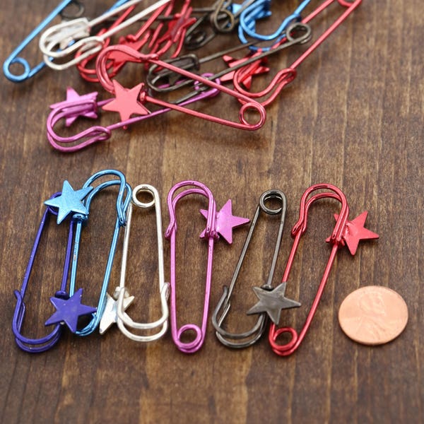 Decorative Star Safety Pins/ 2 pcs/ Available in Turquoise Blue, Royal Blue, Pink, Silver and Gray  2.25" in Height HR016