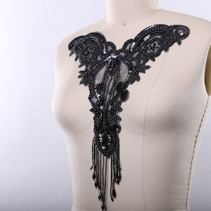 Black Applique/ Black Beaded Applique Dramatic Black Neckline Beaded Sequined  Beaded Fringe Detail in Sweetheart Shape. Iron on Backing