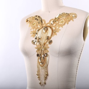 Gold Applique Oversized Statement Gold Neck Piece Beaded and Sequined Applique with Dangling Beads Hot Fix