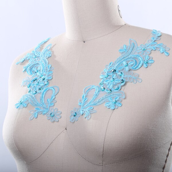 Blue Applique Blue Lace Applique. Blue Applique With Pearl Like Beading and Tasteful Sequin Work. Bleu de France