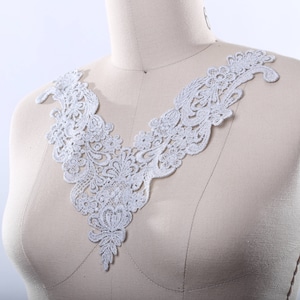 Soft Silver Lace Applique/ Metallic Venice Lace V Shaped Applique with Eloborate Ground Work/ Silver Applique