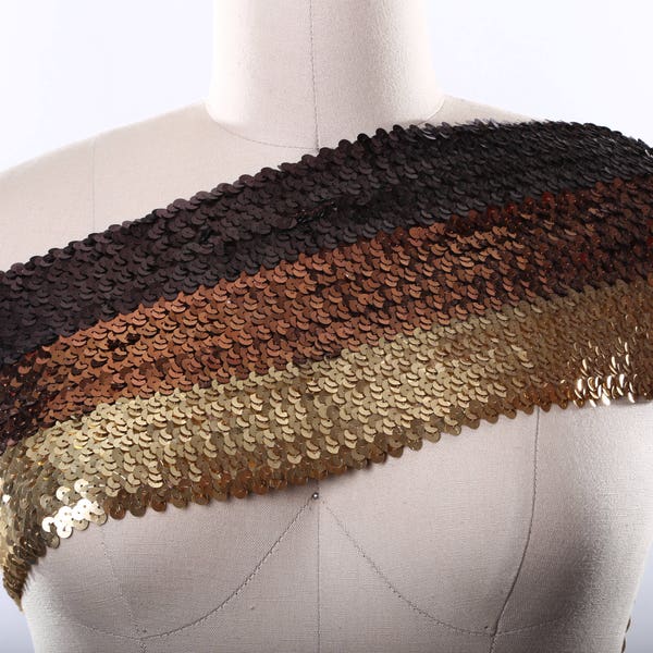 Chocolate Brown, Copper and Antique Gold Stretch Sequin Trim/ Thick Banding with Flat and Round Sequins/ Soft Backing. Sold by the Yard