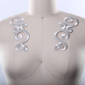 Silver Applique Pair Embroidered Silver Appliques Iron on. Swirl Shape First Class Metal Embroidery Great for Costumes Gowns and Accessories