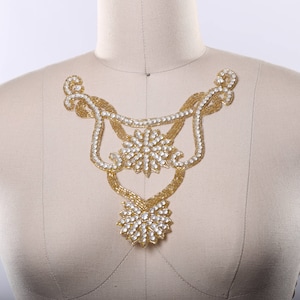 Gold Beaded Neckline Applique: Iron-On Rhinestone Flower Collar